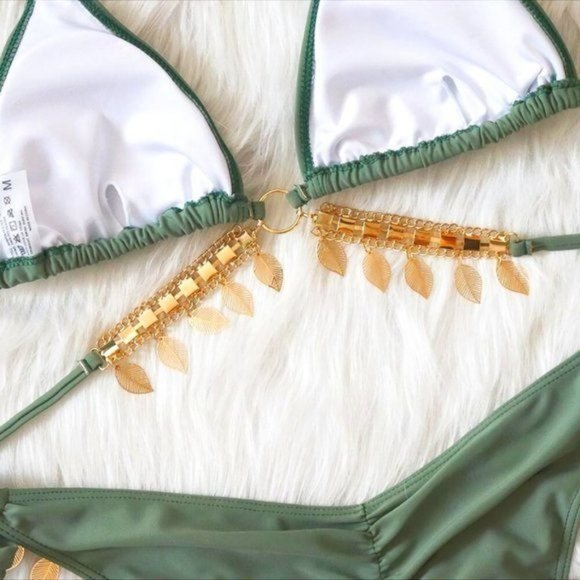 Callie Sage: Dangling Leaves & Rhinestone Scrunch Butt Green Triangle Bikini L - Picture 6 of 8